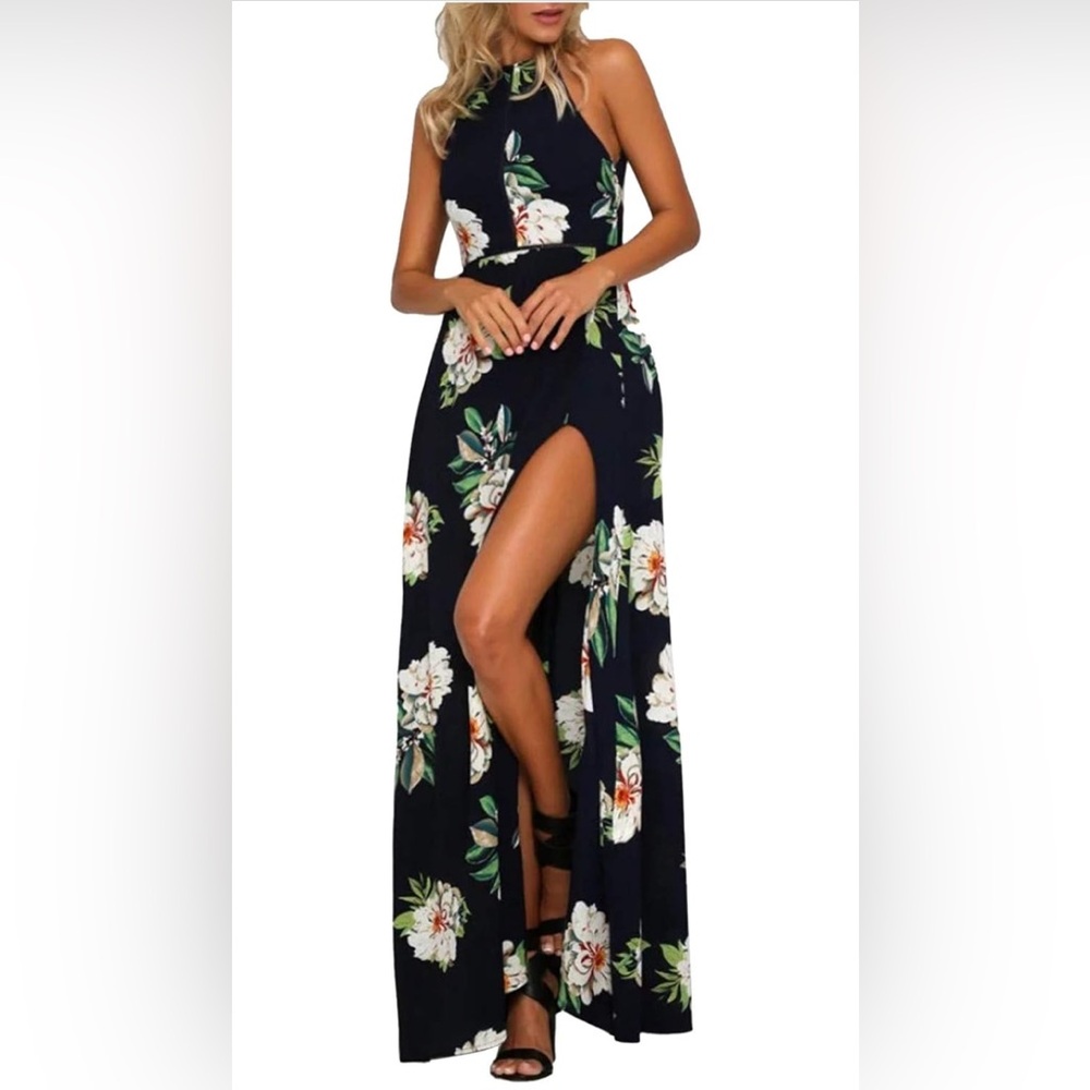 Womens navy floral halter maxi dress M L